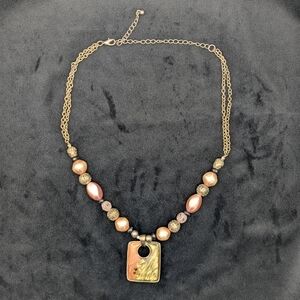 Green and Brown Enamel Pendant Necklace Gold